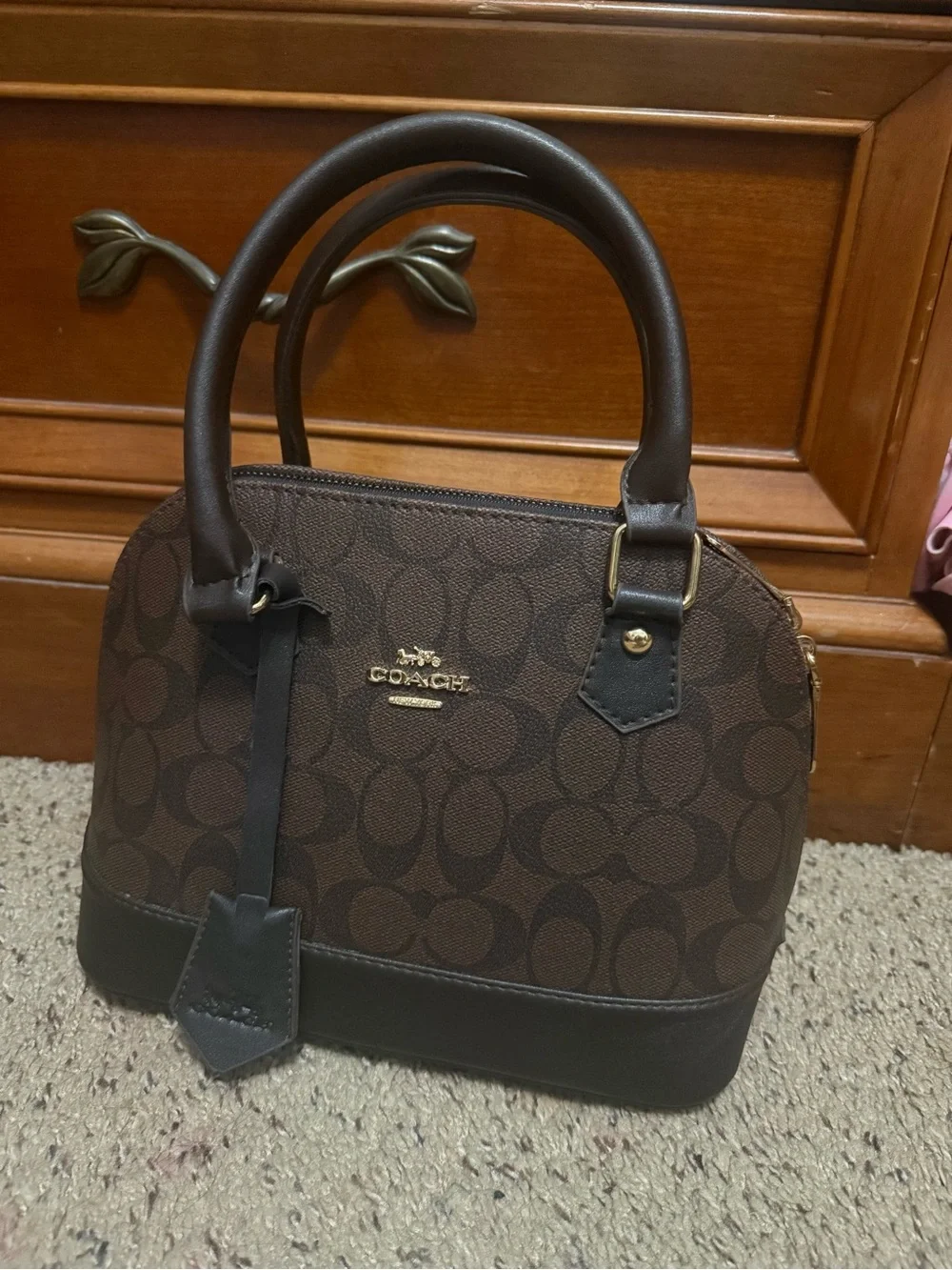 Coach Brown Signature Canvas Dome Satchel with Dark Leather Trim